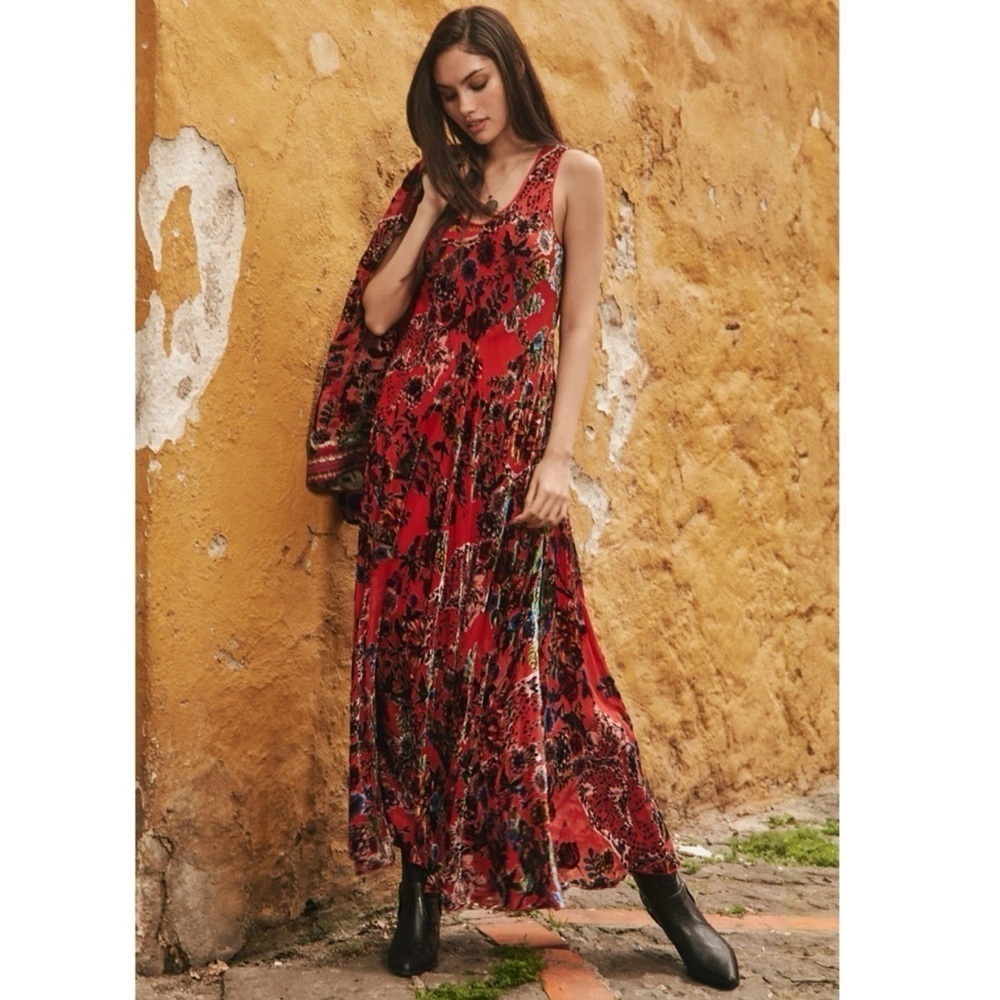 Johnny Was Bias Dress Bobcat Forest Silk Blend Red Floral Maxi SZ XS $575 NWT